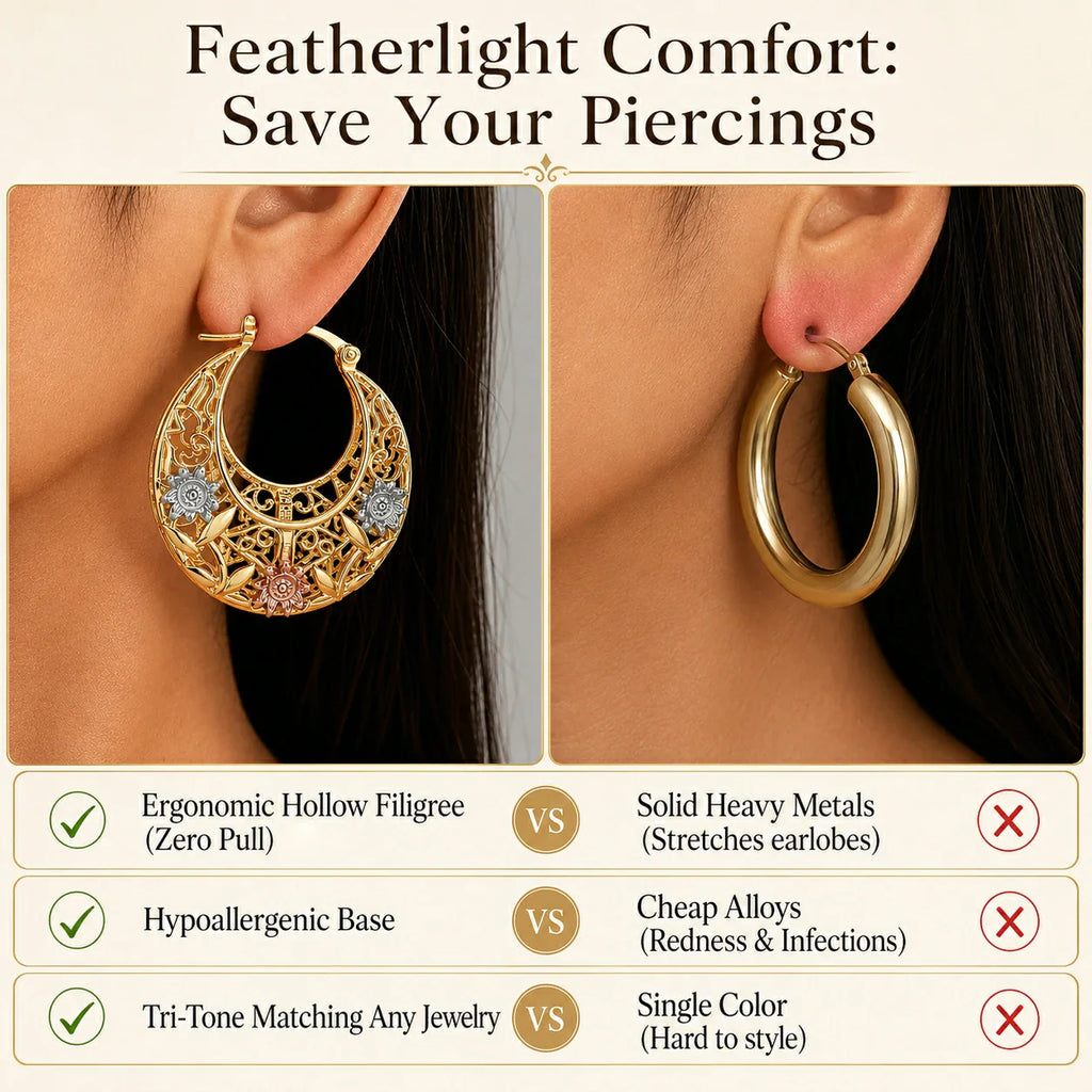 🔥 LAST DAY 90% OFF: Featherlight Tri-Tone Filigree Crescent Earrings in Hypoallergenic Base