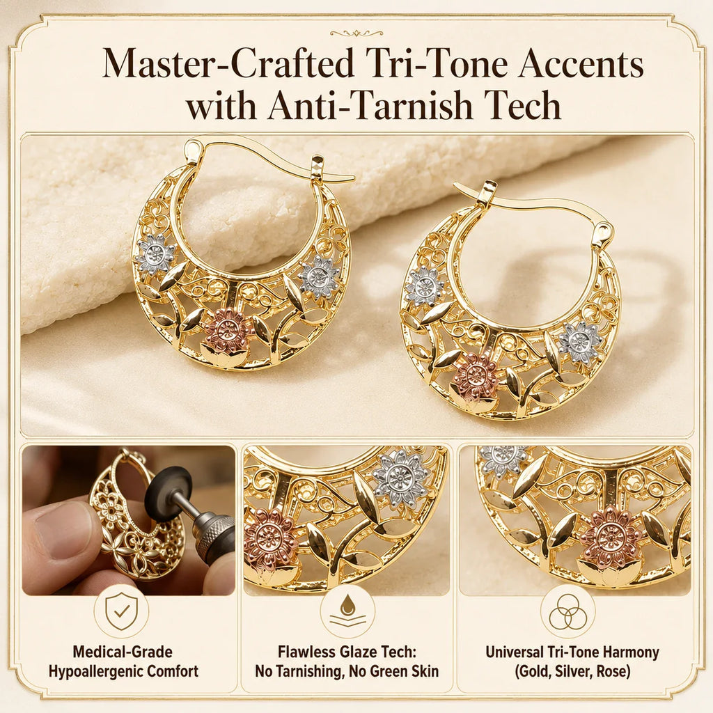 🔥 LAST DAY 90% OFF: Featherlight Tri-Tone Filigree Crescent Earrings in Hypoallergenic Base