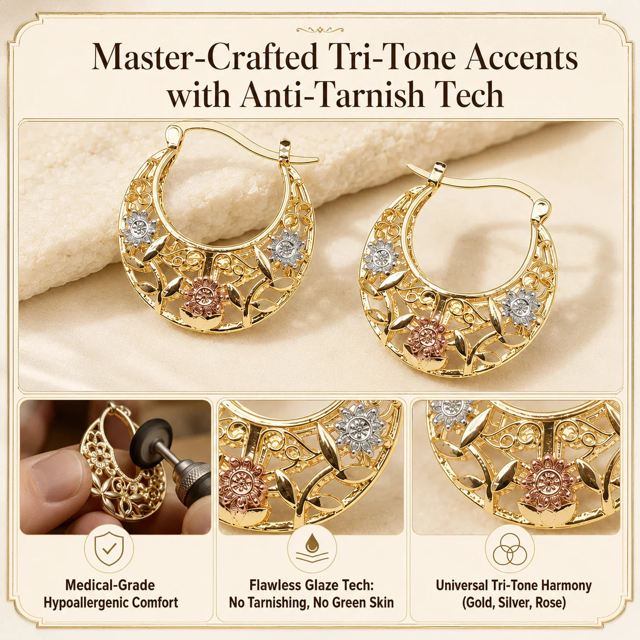 🔥 LAST DAY 90% OFF: Featherlight Tri-Tone Filigree Crescent Earrings in Hypoallergenic Base