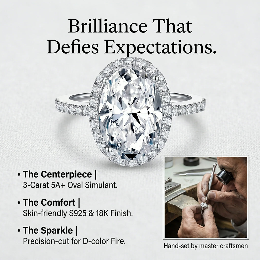 🔥 LAST DAY 90% OFF: High-Density Micro-Pavé Halo Travel-Safe D-Color VVS1 Flawless Classic Oval Moissanite Ring in 14K Gold Plated 925 Silver