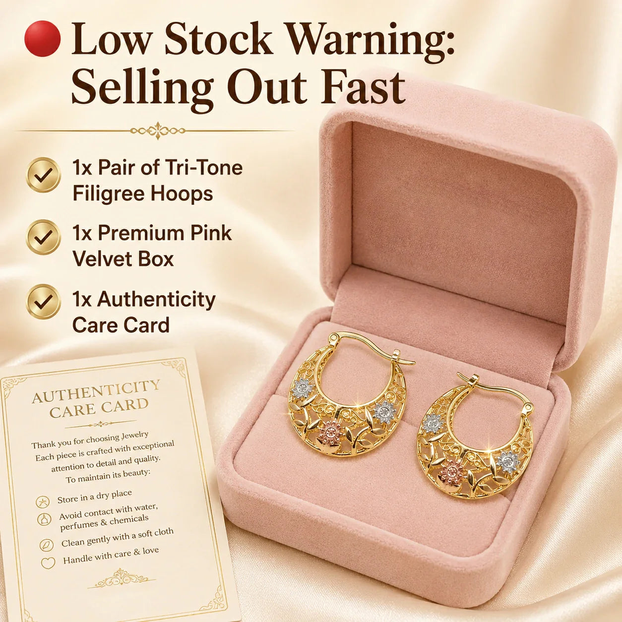 🔥 LAST DAY 90% OFF: Featherlight Tri-Tone Filigree Crescent Earrings in Hypoallergenic Base