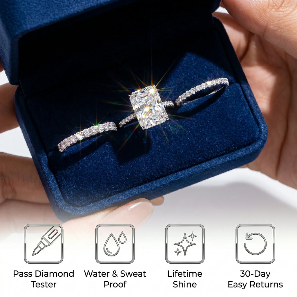 🔥 LAST DAY 90% OFF: Optical-Grade Travel-Safe Flawless Moissanite 2-4CT Radiant Stackable Ring Set in S925 & 14K Gold