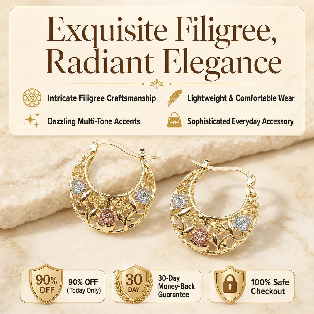 🔥 LAST DAY 90% OFF: Featherlight Tri-Tone Filigree Crescent Earrings in Hypoallergenic Base