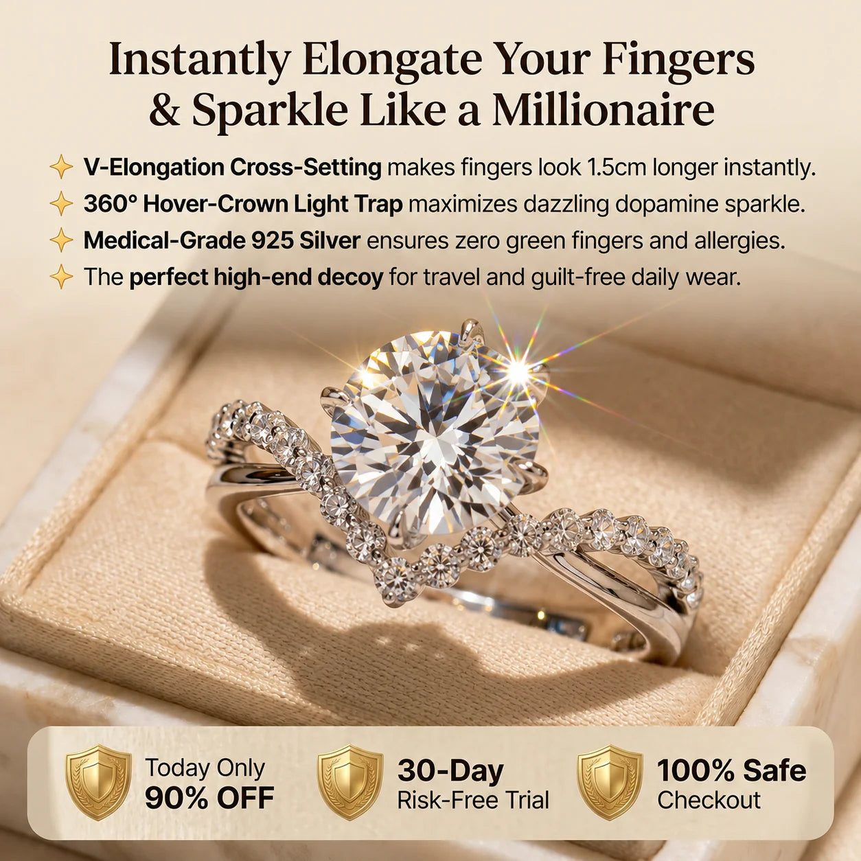 🔥 LAST DAY 90% OFF: 360° Hover-Crown Finger-Elongating D-Color VVS1 Flawless Infinity-V Cross Moissanite Ring in 14K Gold Plated 925 Silver