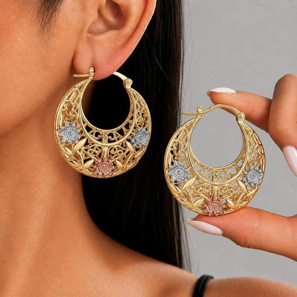 🔥 LAST DAY 90% OFF: Featherlight Tri-Tone Filigree Crescent Earrings in Hypoallergenic Base